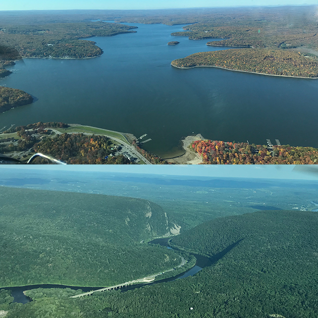 Delaware Water Gap and Wallenpaupack Lake Airplane tour picture contains 2 separate views. First view shows Delaware Water Gap and Wallenpaupack Lake and second view shows Delaware Water Gap.