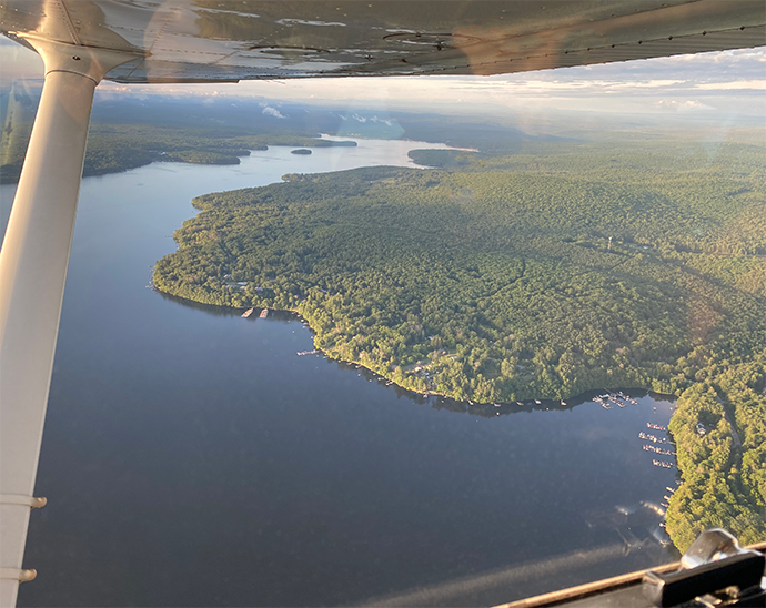 Lake Wallenpaupack Air Tour. Wallenpaupack lake at the center of the image. View from Hop On Air airplane tour.