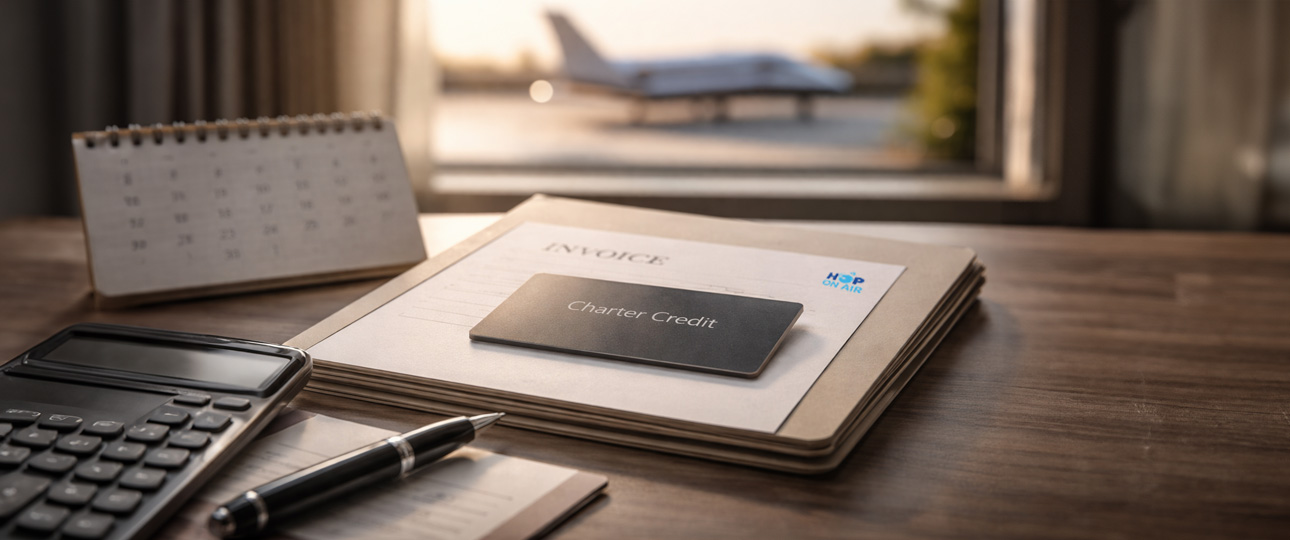 Prepaid charter credit funds future Part 135 aircraft charters. Applied to full-aircraft contracts, subject to availability. Not membership-based.